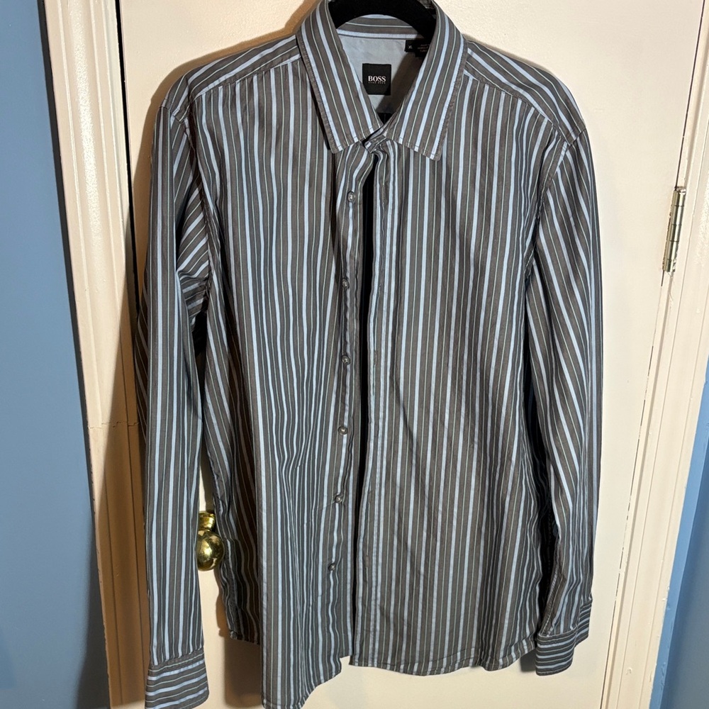 Boss Men's Black and White Striped Shirt.